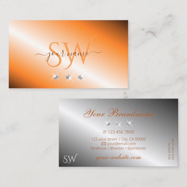 Stylish Orange Silver Sparkling Diamonds Initials Business Card (Front/Back)