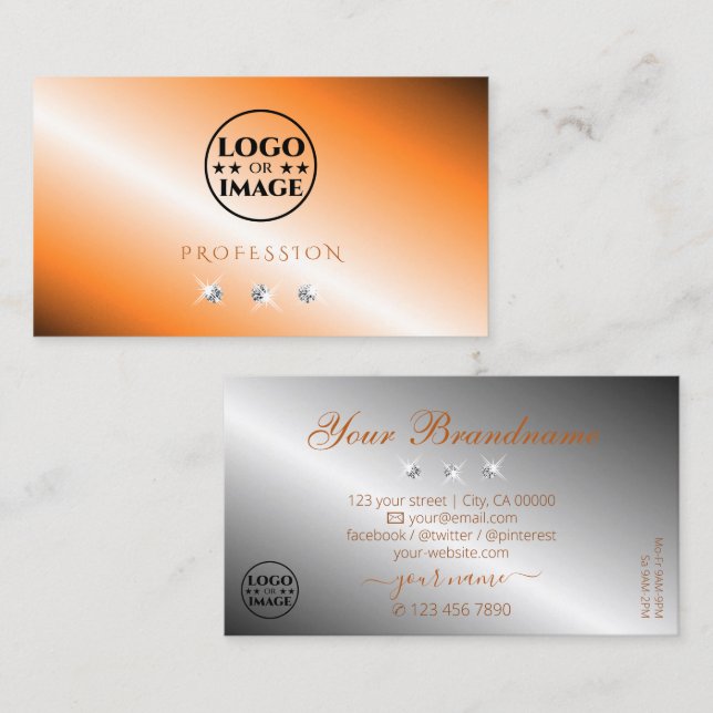 Stylish Orange Silver Sparkling Diamonds with Logo Business Card (Front/Back)