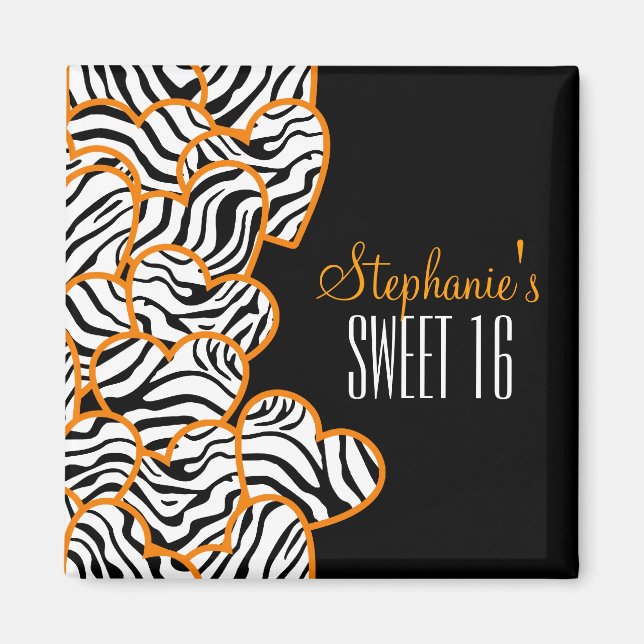 Stylish Orange Sweet 16 Zebra Heart Design Name  Magnet (Front)