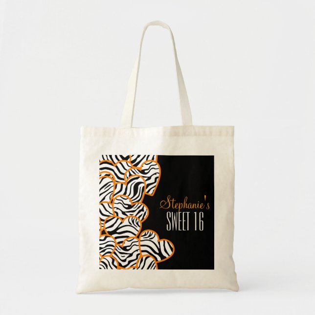 Stylish Orange Sweet 16 Zebra Heart Design Name  Tote Bag (Front)