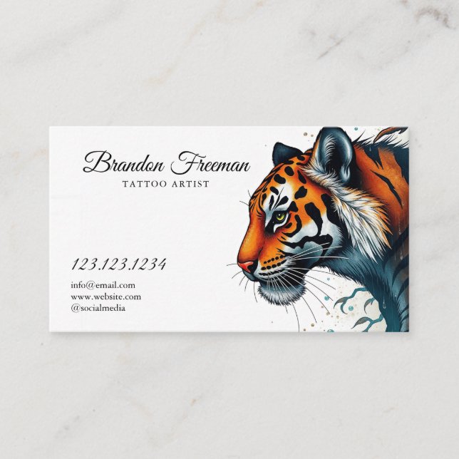 Stylish Orange Tiger with Leaves Tattoo Business Card (Front)