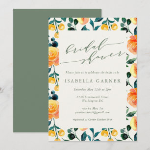 Stylish Orange Watercolor Floral Art Bridal Shower Invitation