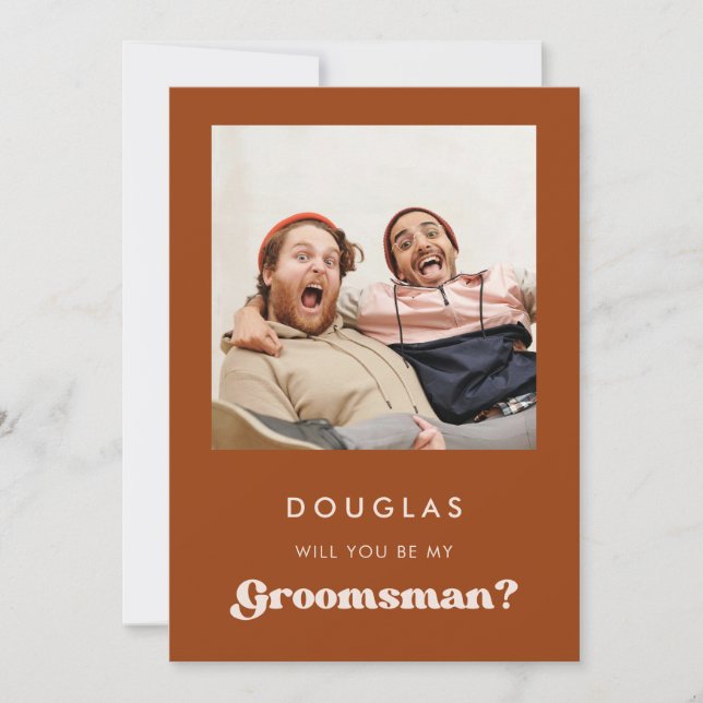 Stylish Orange Will you be my groomsman photo card (Front)