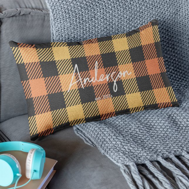 Stylish Orange Yellow Black Fall Colour Plaid Lumbar Cushion (Creator Uploaded)