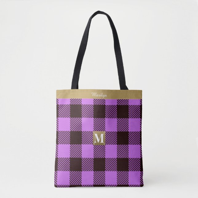 Stylish Orchid Tartan Leather Monogram Name Bridal Tote Bag (Front)