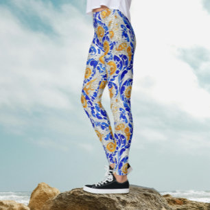 Stylish Oriental Blue And Yellow Floral Arabesque Leggings