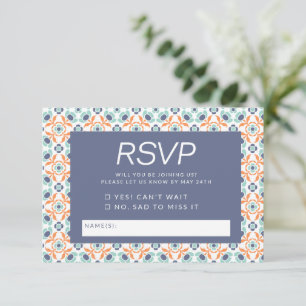 Stylish Ornate Geometric Pattern in Blue Wedding RSVP Card