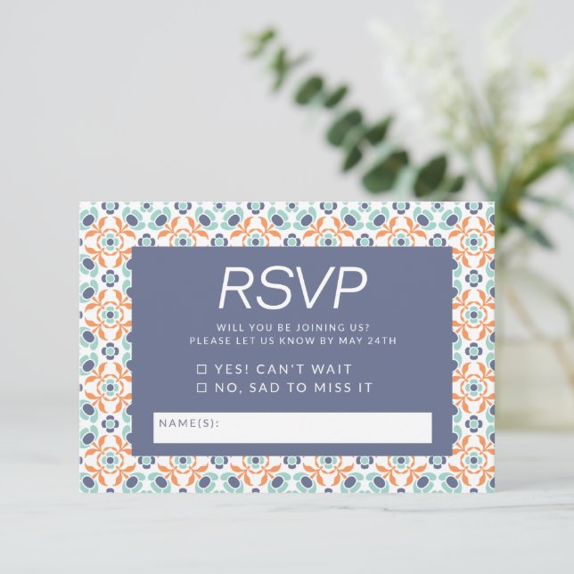 Stylish Ornate Geometric Pattern in Blue Wedding  RSVP Card (Standing Front)