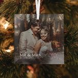 Stylish Our First Christmas as Mr & Mrs Photo Glass Tree Decoration<br><div class="desc">Simple couple's photo first Christmas as Mr. & Mrs. photo glass ornament. A modern design with a full photo design. Customise with your special photo, year, and name. "Mr & Mrs" photo overlay in an elegant typography. Perfect keepsake ornament with couples celebrating their first Christmas together as a married couple....</div>