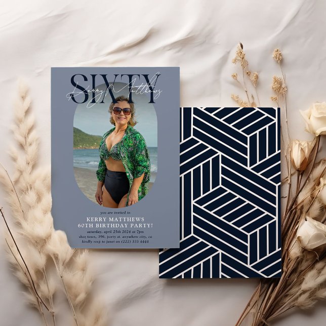 Stylish Oval Photo & Signature 60th Birthday Invitation (Creator Uploaded)