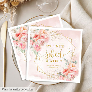 Stylish Pale Pink Sage and Gold Floral Sweet 16 Napkin