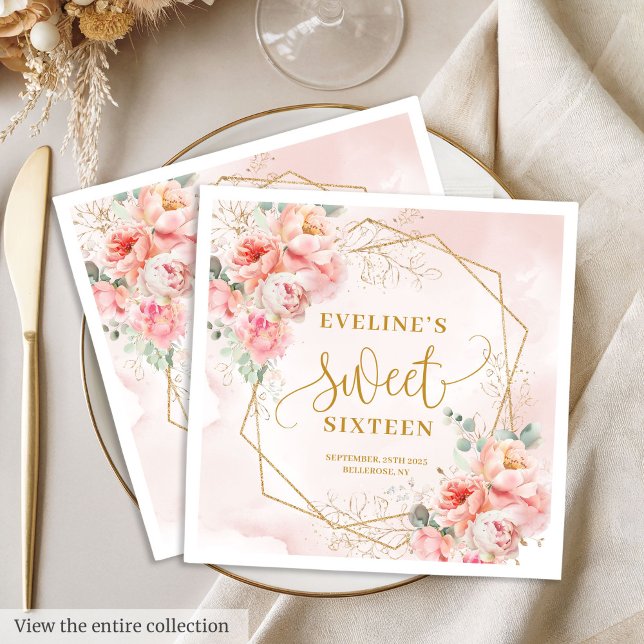 Stylish Pale Pink Sage and Gold Floral Sweet 16 Napkin (Stylish Pale Pink Sage and Gold Floral Sweet Sixteen Napkins)