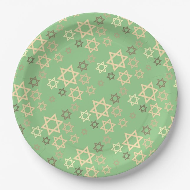 Stylish Passover Spring Green Stars of David Paper Plate (Front)