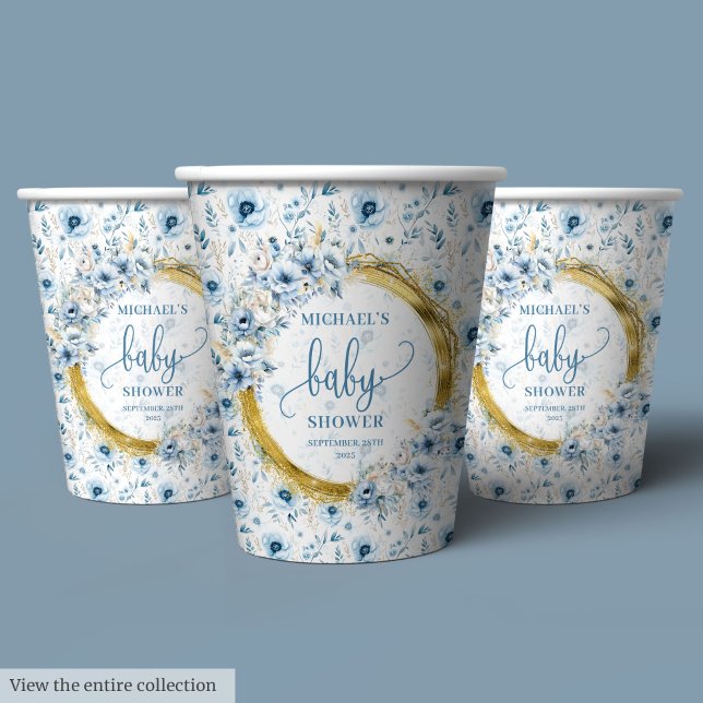 Stylish pastel blue flowers gold boho shower party paper cups (Stylish pastel blue flowers gold boho shower party Paper Cups)