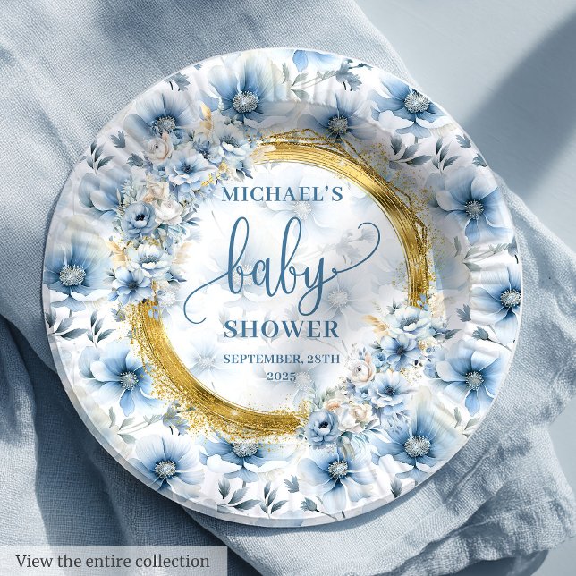 Stylish pastel blue flowers gold boho shower party paper plate (Stylish pastel blue flowers gold boho shower party Paper Plates)
