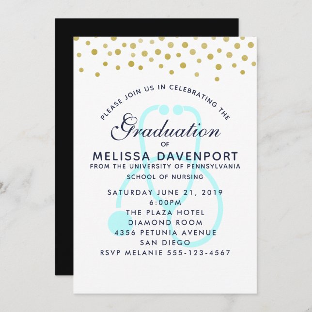 Stylish Pastel Blue Stethoscope Nursing Graduate Invitation (Front/Back)