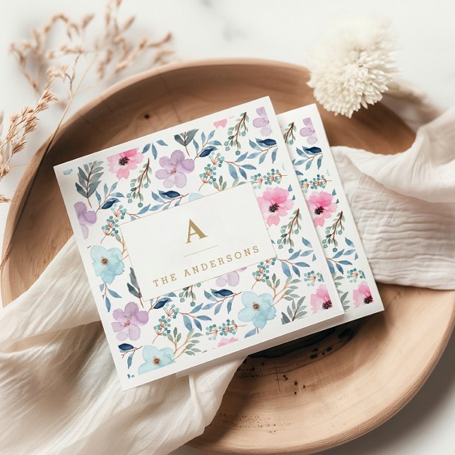 Stylish Pastel Blue Watercolor Flowers Monogram  Napkin (Creator Uploaded)