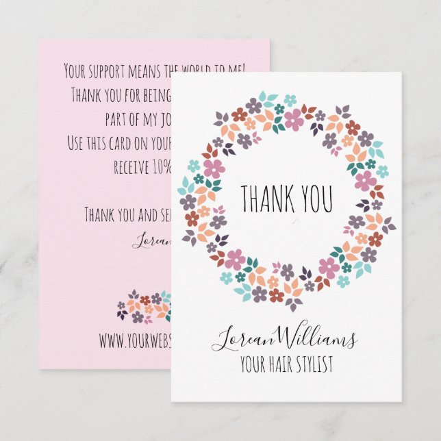 Stylish Pastel Floral Hair Style Flower Wreath Thank You Card (Front/Back)