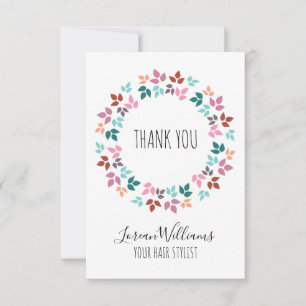 Stylish Pastel Floral Hair Stylist Leafy Wreath Thank You Card