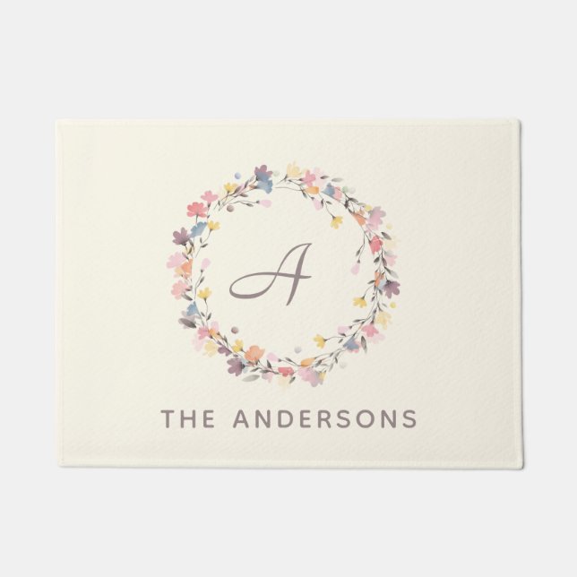 Stylish Pastel Floral Wreath Monogram Personalised Doormat (Front)