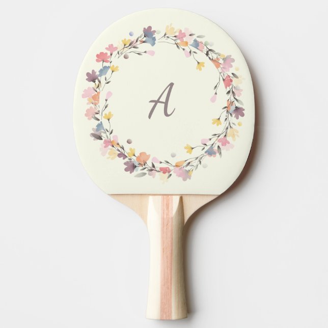 Stylish Pastel Floral Wreath Monogram Personalised Ping Pong Paddle (Front)