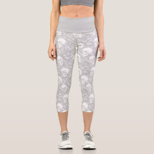 Stylish pastel goth dove grey skulls botanical capri leggings