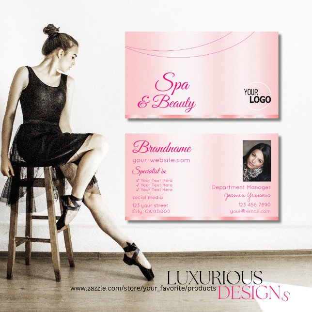 Stylish Pastel Pink Glamourous with Logo and Photo Business Card (Creator Uploaded)