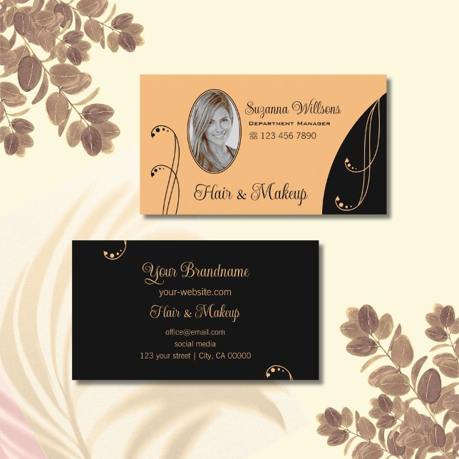 Stylish Peach and Black Ornate with Portrait Photo Business Card (Creator Uploaded)
