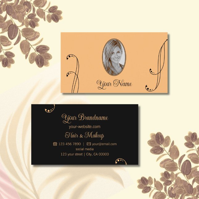 Stylish Peach and Black Ornate with Portrait Photo Business Card (Creator Uploaded)