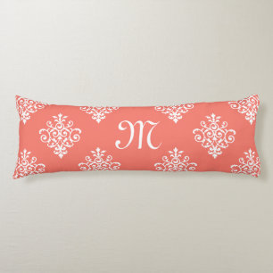 Stylish Peach Coral Damask Pattern With Monogram Body Cushion