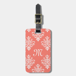 Stylish Peach Coral Damask Pattern With Monogram Luggage Tag