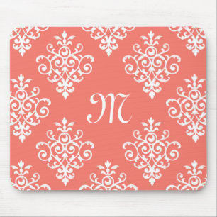 Stylish Peach Coral Damask Pattern With Monogram Mouse Mat