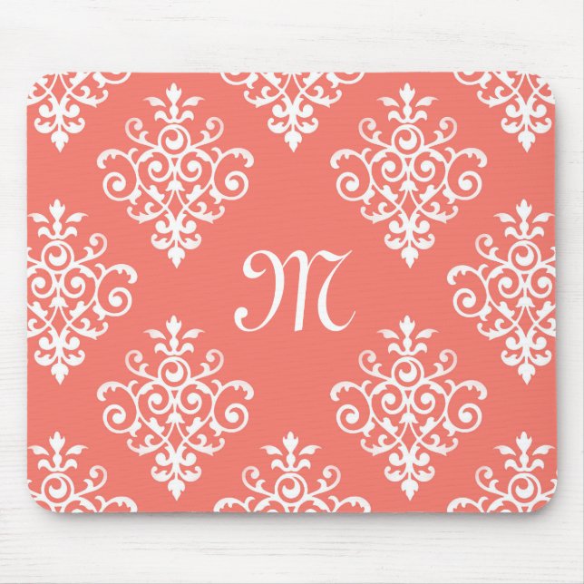 Stylish Peach Coral Damask Pattern With Monogram Mouse Mat (Front)