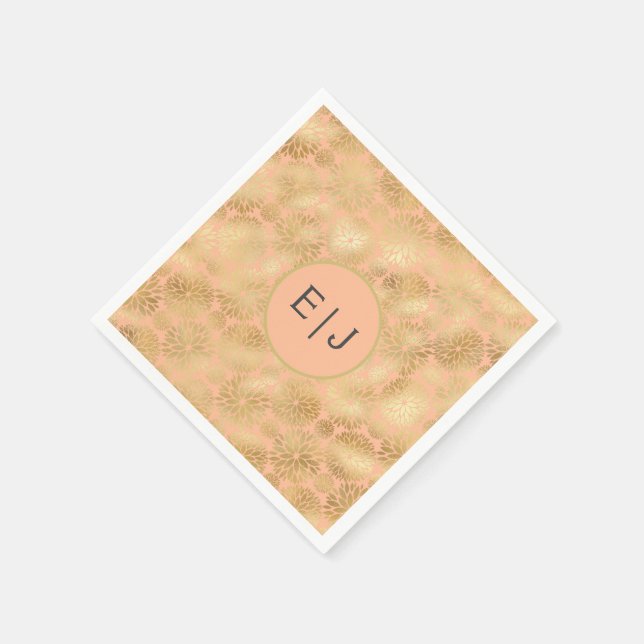 Stylish Peach & Gold Dahlias Pattern Monogram  Napkin (Corner)