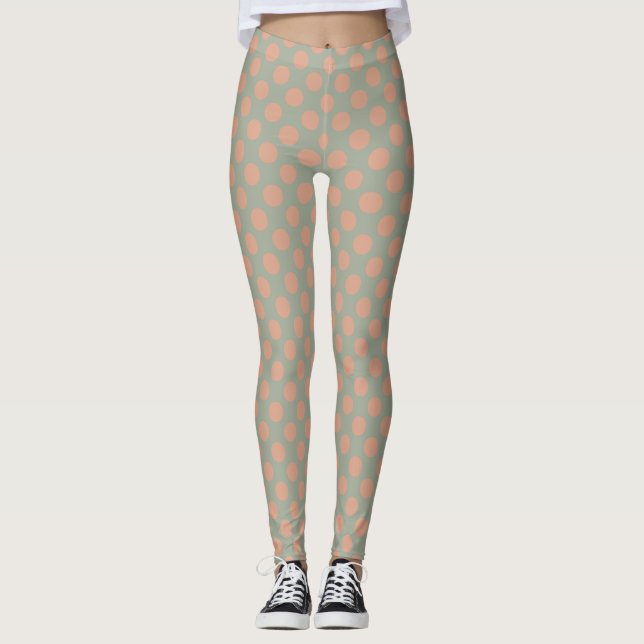 Stylish Peach Pink Green Polka Dot Leggings (Front)