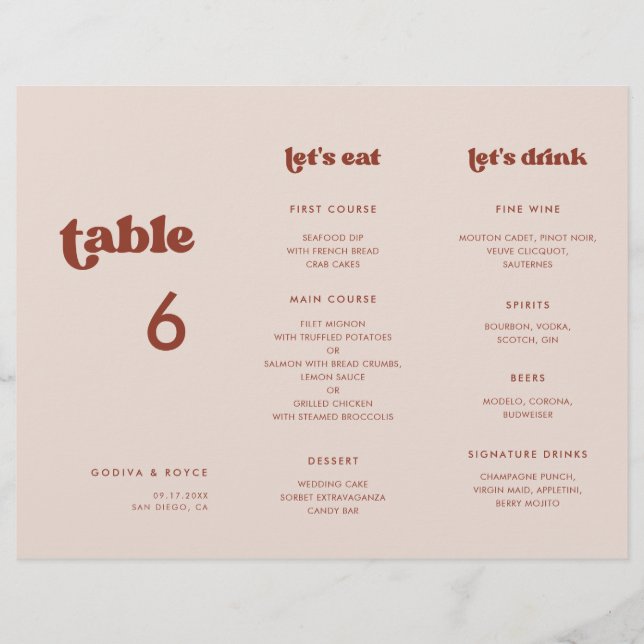 Stylish Peach Pink Menu & Table number trifold (Front)