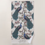 Stylish Peacock and Flower Bridesmaid Beach Towel<br><div class="desc">This Stylish Peacock and Flower Bridesmaid Beach Towel features blue and teal peacocks perched on Magnolia tree branches in full bloom, hand-drawn in black ink. Personalise with Name and Heading (all text is editable) by clicking on "Personalise this template" on the product page. For example, you could change the heading...</div>
