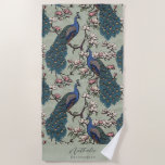 Stylish Peacock and Flower Bridesmaid Sage Green Beach Towel<br><div class="desc">This Stylish Peacock and Flower Bridesmaid Sage Green Beach Towel features blue and teal peacocks perched on Magnolia tree branches in full bloom, hand-drawn in black ink. Personalise with Name and Heading (all text is editable) by clicking on "Personalise this template" on the product page. For example, you could change...</div>