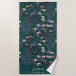 Stylish Peacock and Flower Bridesmaid Teal Beach Towel<br><div class="desc">This Stylish Peacock and Flower Bridesmaid Teal Beach Towel features blue and teal peacocks perched on Magnolia tree branches in full bloom, hand-drawn in black ink. Personalise with Name and Heading (all text is editable) by clicking on "Personalise this template" on the product page. For example, you could change the...</div>