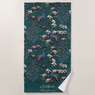 Stylish Peacock and Flower Bridesmaid Teal Beach Towel