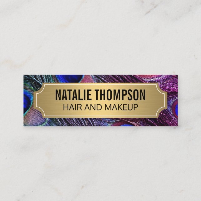Stylish Peacock Feathers Gold Metallic Frame Mini Business Card (Front)