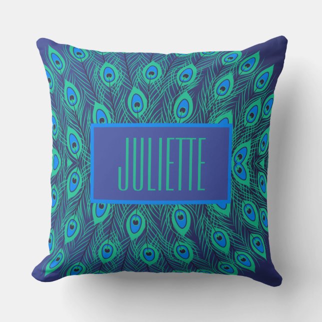 Stylish Peacock Teal & Blue Colour Personalised  Cushion (Front)