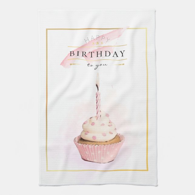 Stylish Pencil Art Pink Birthday Cupcake Tea Towel (Vertical)