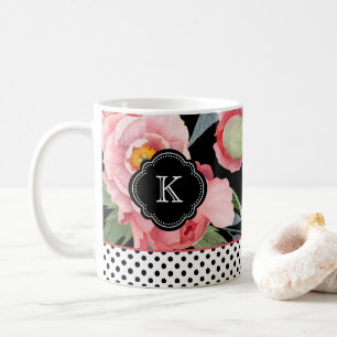 Stylish Peonies and Polka Dots with Monogram Coffee Mug