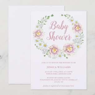 Stylish Peony Flower Wreath Baby Shower Invitation