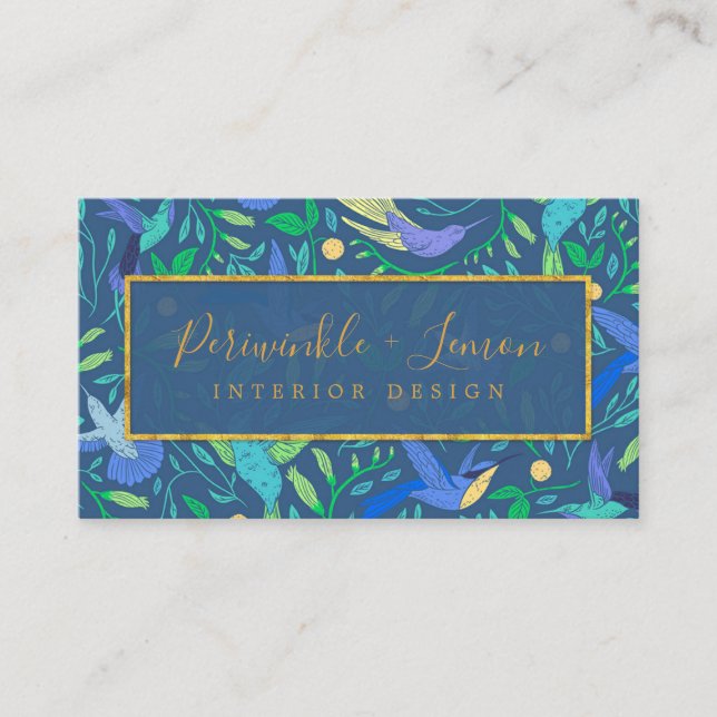 Stylish Periwinkle Floral Bird Pattern Business Card (Front)