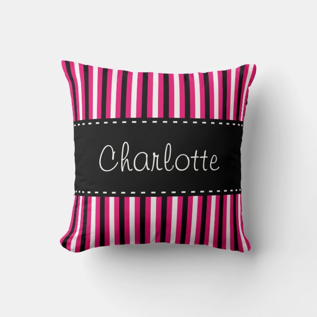 Stylish Personalised Black White Pink Stripes Cushion (Front)