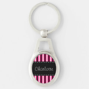 Stylish Personalised Black White Pink Stripes Key Ring