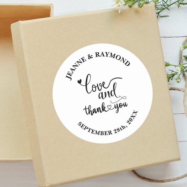Stylish Personalised Love and Thank You Wedding  Classic Round Sticker (Creator Uploaded)