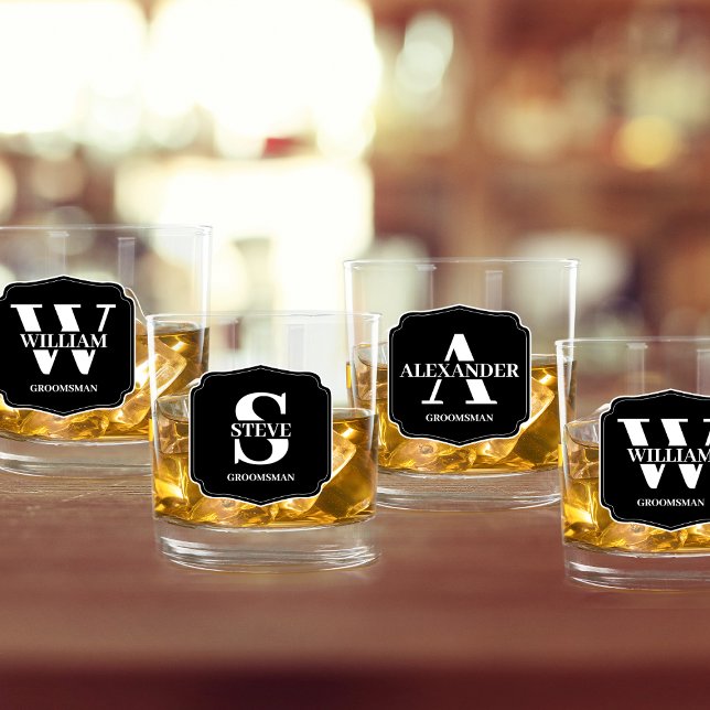 Stylish Personalised Monogram Groomsman Proposal  Whiskey Glass (groomsman proposal personalized whiskey glasses monogram stylish classic)